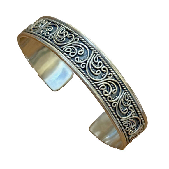 Signed 925 BA INDONESIA Ornate Embossed Cuff Bracelet 1/2” Wide Sterling Silver - Picture 2 of 5